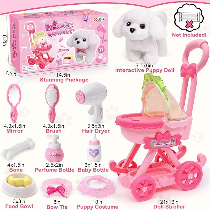 Golray Dog Toys for Kids Girls, Stroller & Electronic Interactive Stuffed Dog Plush Can Walk Bark, 10 Pcs Toddler Girl Toy Dog Puppy Pet Care Pretend Play Set, Birthday Gifts for Little Girl 3 4 5 6 7