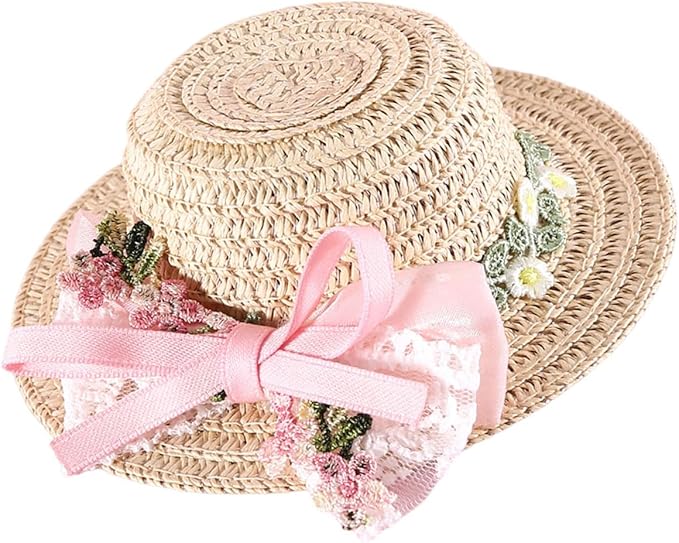 Pet Straw Hat Outdoor Sunbonnet Supplies Flower Lace Puppy with Ribbon Bow Flower Pet