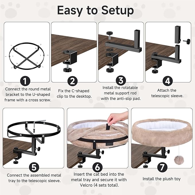 Cat Desk Bed - 360° Rotating & Adjustable, Supports 44 lbs, Soft Faux Fur with Dual-Sided Reversible Mat, Modern Indoor Cat Nest Furniture for Office Desks and Game Tables, Island Table