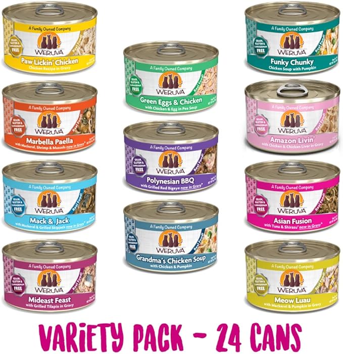 Weruva Classic Cat 11 Flavors Variety Pack – Grain & Gluten Free, 3 oz Cans (Pack of 24)