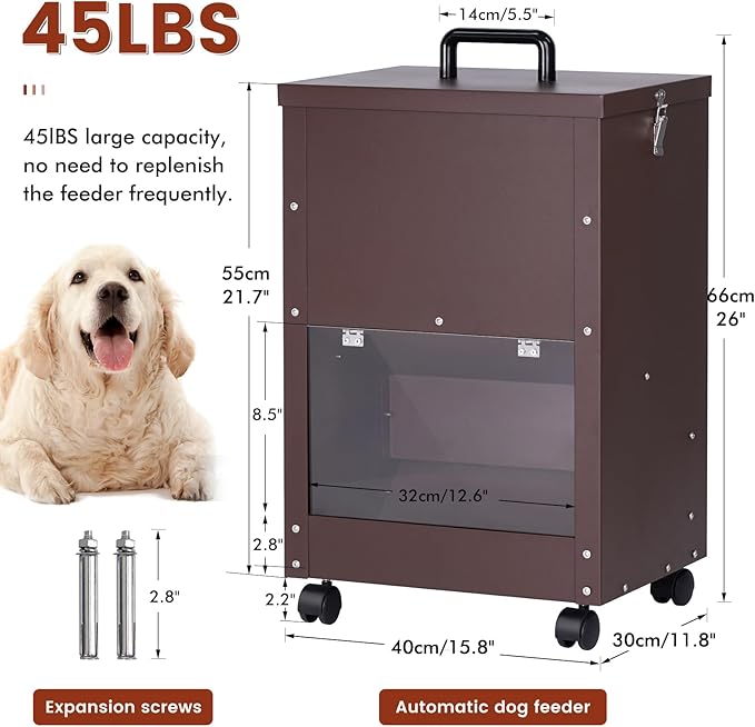 Automatic Dog Feeder Large Breed 30lb Outdoor Dog Food Dispenser for Large Dogs Self Feeding Galvanized Metal Dogs Pets Feeder Gravity Food Feed with Wheels (Brown)