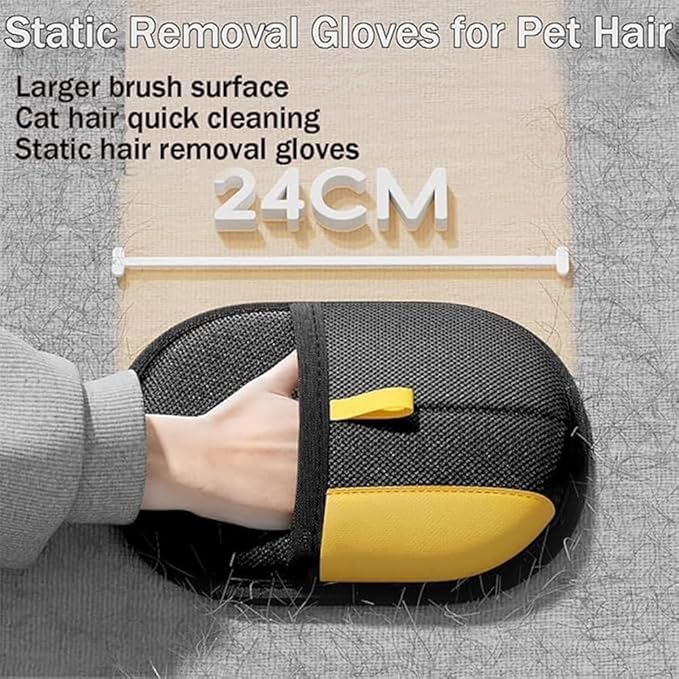 1 pair of electrostatic pet hair removal gloves - Black polypropylene cat grooming reusable with yellow decoration - Essential for cat and dog pet grooming - Durable accessory for easy cleaning
