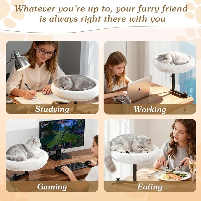VERIFOST Adjustable Cat Desk Bed, 360° Rotatable Elevated Desk Cat Bed for Home Office, Space-Saving Design Table Supports Up to 60 lbs, Soft Faux Fur Bed with Removable Washable Cover (Beige)