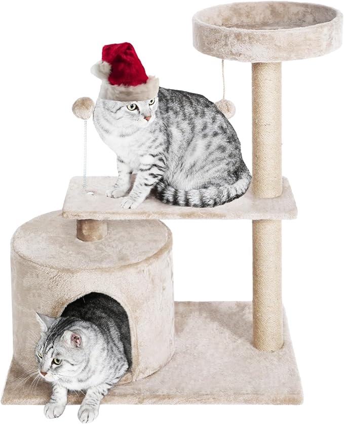 31.3" Cute Small Cat Tree Tower, 4-in-1 Multi-Level Cat Furniture Activity Centerl with Cat Scratching Post,Cave & Cozy Perch,Interactive Dangling Ball for Indoor Kittens/Cats