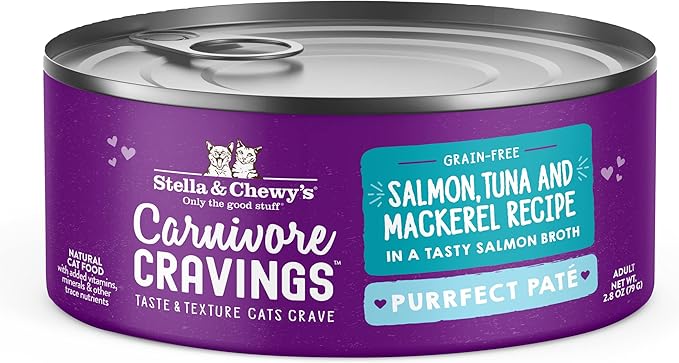 Stella & Chewy's Carnivore Cravings Purrfect Paté - Premium Grain-Free Wet Cat Food - Salmon, Tuna & Mackerel Recipe - High Protein with Bone Broth - Perfect for Picky Eaters - 2.8oz Cans (12 Pack)