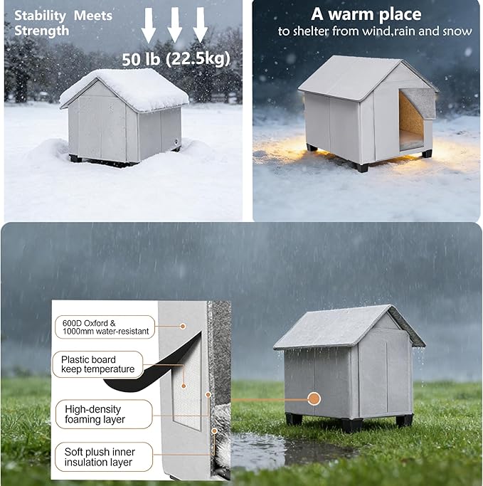 Outdoor Dog House, Elevated Foldable Dog Cave Bed with Removable Plush Mat for Medium Dogs and Cats Up to 20.8 Inches Long