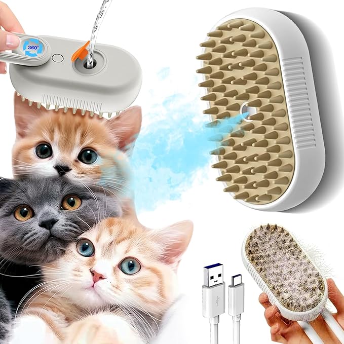 Cat Steam Brush Cats Brushs, Cat Steams Brushfor Shedding, 4-In-1 Self-Cleaning PetSteam BrushWith 360° Rotating Arm for Long and Short Hair Cats and Dogs Grooming Supplies