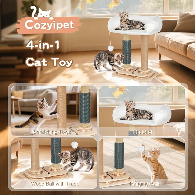Scratching Post with Bed for Indoor Small Kittens, 4 in 1 Cat Tree with Self Groomer, Track Balls, Natural Sisal Cat Tower with Interactive Toy