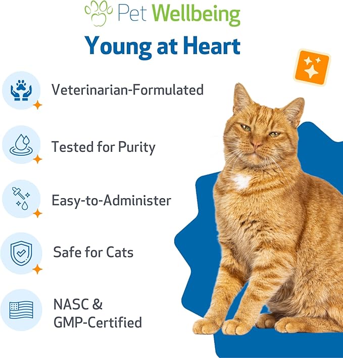 Pet Wellbeing Young at Heart for Cats - Senior Feline Heart Health Support, Cardiovascular Wellness with Hawthorn & Motherwort - NASC Certified & Vet-Formulated - 4 oz Liquid Formula