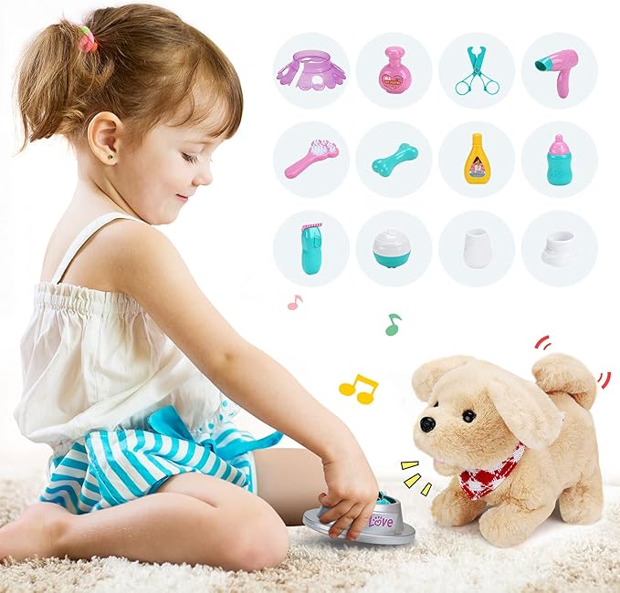 Pet Care Play Set Electric Vet Play Set-Walking ,Barking,Tail Wagging Little Plush Dog Grooming Toys with Puppy Carrier Feeding Dog Educational Toys for Toddler Kids