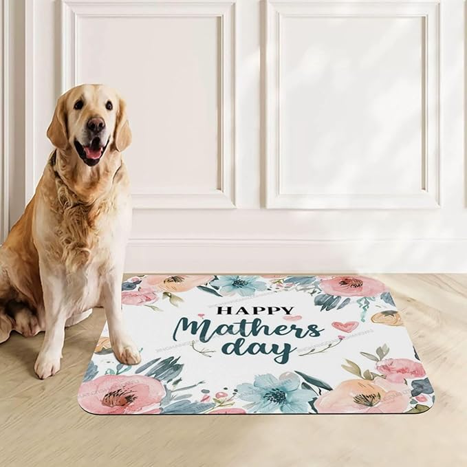Pet Feeding Mat Absorbent Dog Mat for Food and Water Bowl Dog Accessories Watercolor Happy Mother's Day Floral Gift for Mom Fn Pet Supplies Dogs Quick Dry Cat Water Dispenser Mats 24x16In
