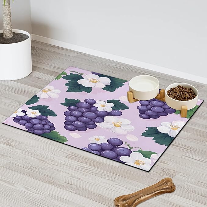 Purple Grape Dog Food Mat for Floors Absorbent Dog Bowl Mat for Food and Water Dispenser Quick Dry Cat Food Placemat Pet Supplies 16" x 24", Summer Floral