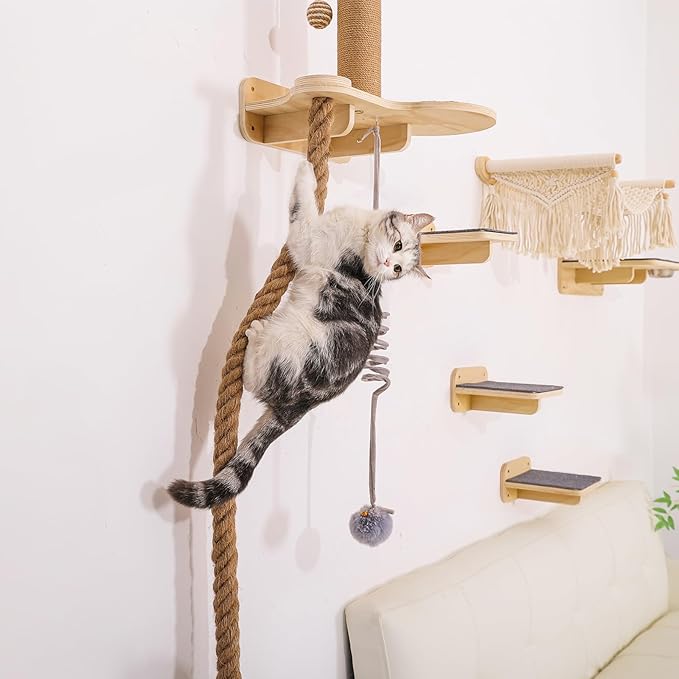 Cat Wall Shelves, Large Wall-Mounted 6-in-1 cat Furniture Set (Climbing Rope+Sisal Scratching Post+Macrame Resting Hammock+Interactive Toys Ball+Feeding Bowls Station+3 Wall Steps) for Indoor Kitties