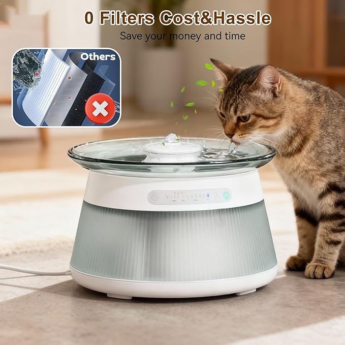 GJEASE Glass Smart Pet Water Fountain,Cat Drinking Water Fountain Bowl No Filter,Battery Operated Filterless Pet Water Fountain