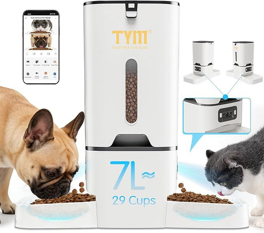 TYM Automatic Cat Feeder with 2 Camera for 2 Cats,7L Dog Automatic Feeder with Night Vision 2K 4MP 5G WiFi Dual Cat Feeder with Smart App Two Way Audio Privacy Masking Stainless Steel