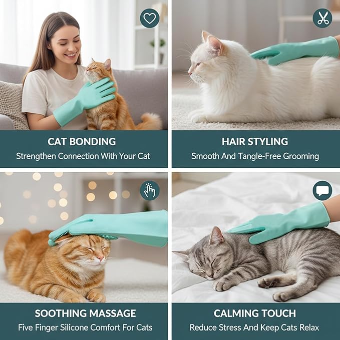 Cat Grooming Gloves for Hair-Removal: Effective at Removing 90% Loose Fur - Keep Home Sofa/Clothes Fur Free Cleaning & Silicone Bristles - Gentle Grooming for Short-long Hair Cats