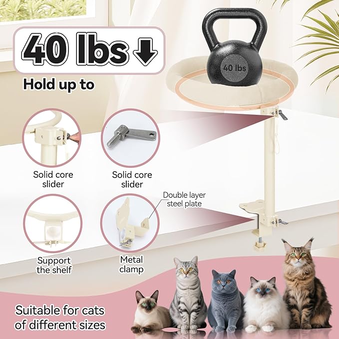 Cat Desk Bed,Steel Cat Bed for Desk,Up and Down Available,360° Rotating, Shelf Height Adjustable, Desktop Attachment Cats Nest Perch Hammock for Office Game Tables, Supports 40lb（Beige）