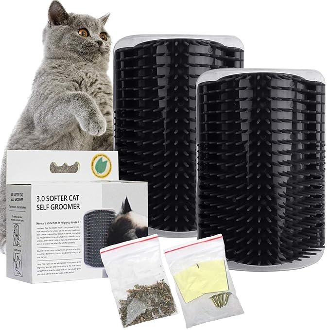 2 PACK Self Groomer, Softer Cat Corner Scratcher For Wall, Pet Grooming Massage Brush, Face Scratcher For Kitten with Long & Short Fur (Black)