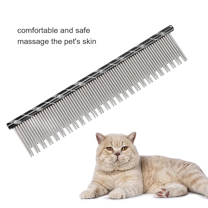 Pet Hair Removal Comb, Cat Comb with Stainless Steel Teeth, Open Knot Comb for Cat Grooming, Durable Reusable Pet Grooming Tool with Ergonomic Handle for Long Haired and Short Hair (Black)