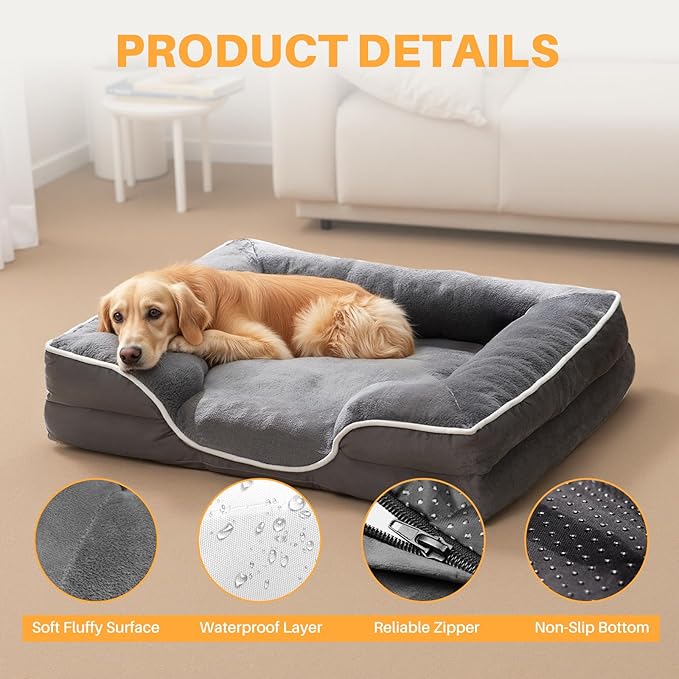 NEWBULIG 35x25 Inch Orthopedic Dog Bed Large Sized, Dog Couch/Sofa Bed with Washable Cover, Waterproof, Memory Foam, Soft Fluffy Surface
