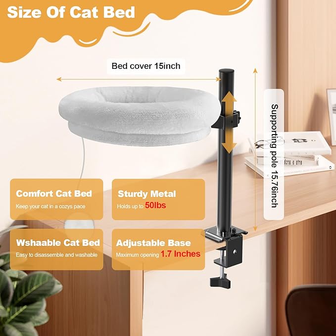 Cat Desk Bed, Pet Cats Desk Table Round Hammock, 360° Rotation & Height Adjustable, Comfortable Washable Soft Pad for Kitten, Metal Frame for Table Mounted Desk Side Pet Perch Bed Furniture
