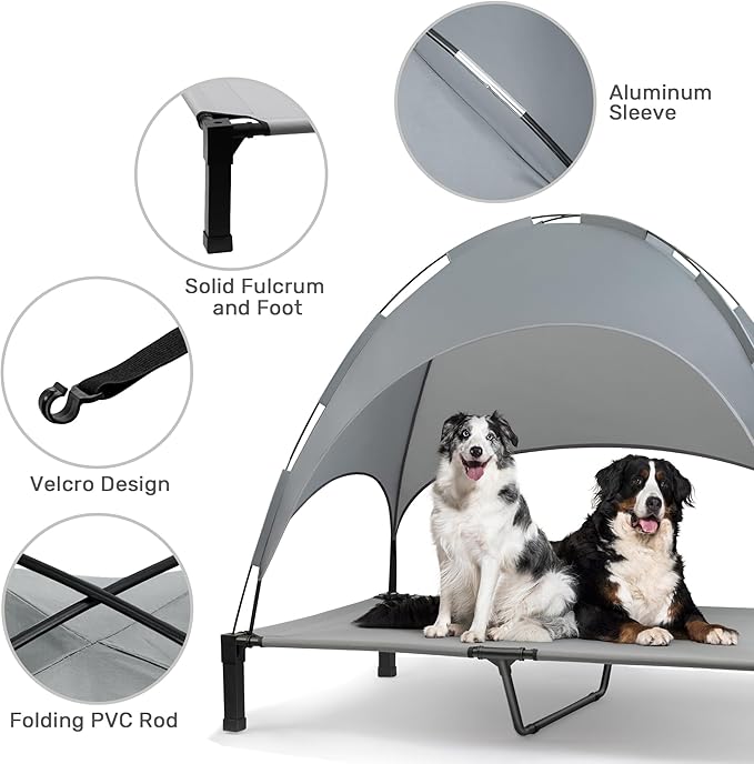 Heeyoo Elevated Dog Bed with Canopy, Portable Dog Cot with Removable Shade Tent, Outdoor Raised Pet Cot Cooling Bed for Dogs
