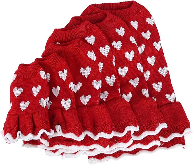Lovely Heart Pattern Designs Dog Sweater Dress for Valentines Day Small Pet Winter Knitwear Birthday Gift Supply Knitdress