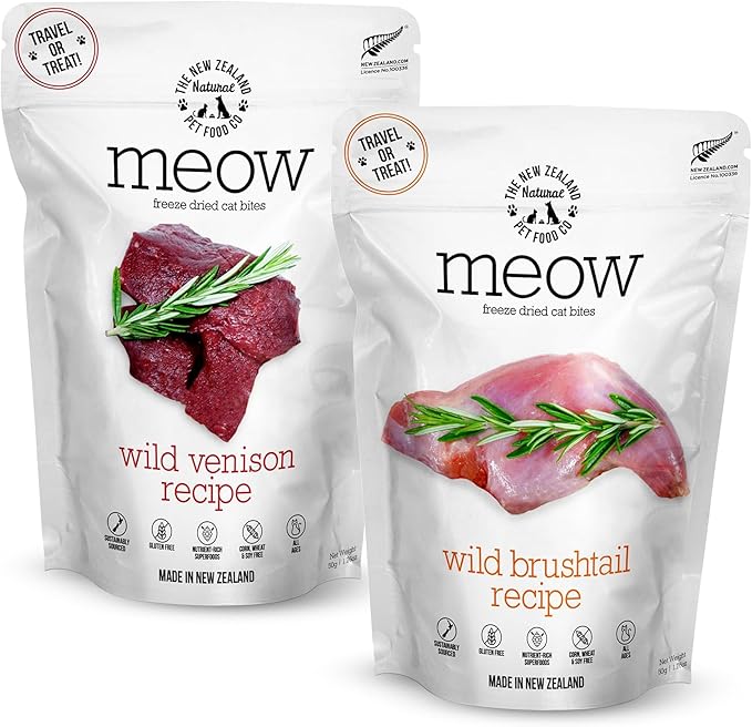 Meow Freeze Dried Raw Cat Food Bundle – Wild Brushtail (1.76 oz) & Wild Venison (1.76 oz), High Protein, Natural Cat Food Topper, Mixer, or Treat