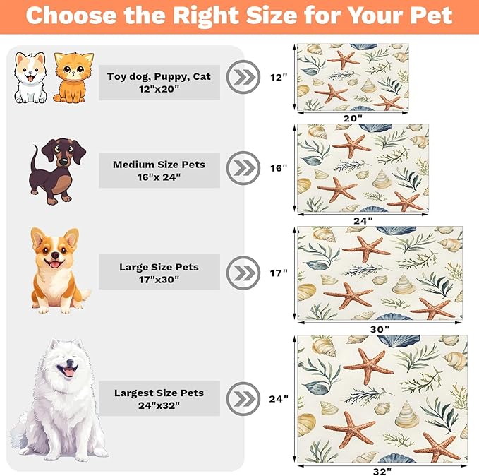 Starfish Seashell Dog Food Mat for Floors Absorbent Dog Bowl Mat for Food and Water Dispenser Quick Dry Cat Food Placemat Pet Supplies 12" x 20", Colorful Corals