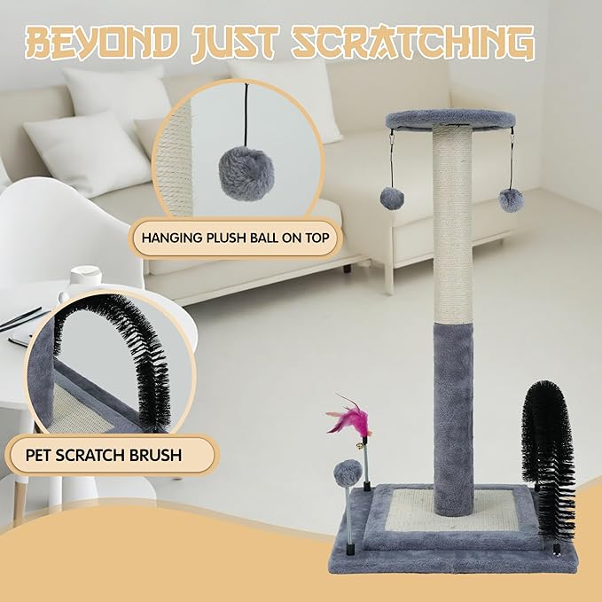 ROYPET Multifunctional Cat Scratching Posts for Indoor Kittens,Cat Scratching Posts for Play and Activity,Scratching Posts with Feather Toys, Hanging Balls and Self-Grooming Brush,Grey