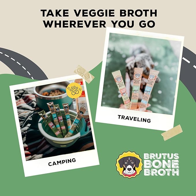 Brutus Broth Instant On The Go Vegetable Powder for Dogs - Vegetable Powder with Omegas 3, 6 & 9 & Turmeric - Human Grade Food Toppers for Dry Food & Picky Eaters - 5 Stick (Vegetable Flavor)