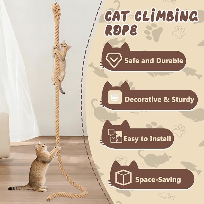 2" x 9.8Ft Cat Climbing Rope with Hook, Natural Sisal Ropes for Ceiling and Wall Mounted, Durable Space Saving Cat Climbing Jute Rope Toy with Scratching Kitten Rope for Indoor and Outdoor