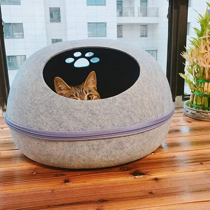 Ultra Soft Material Dog Cat Bed Cave Sleeping Bag Zipper Egg Shape Pet Felt Cloth House Nest Basket for Cats Animals Supplies Washable Pet Bed(Grey,48 * 38 * 25cm)