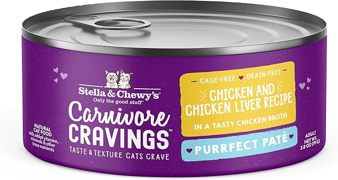 Stella & Chewy's Carnivore Cravings Purrfect Paté - Premium Grain-Free Wet Cat Food - Chicken & Liver Recipe - High Protein with Bone Broth - Perfect for Picky Eaters - 2.8oz Cans (24 Pack)