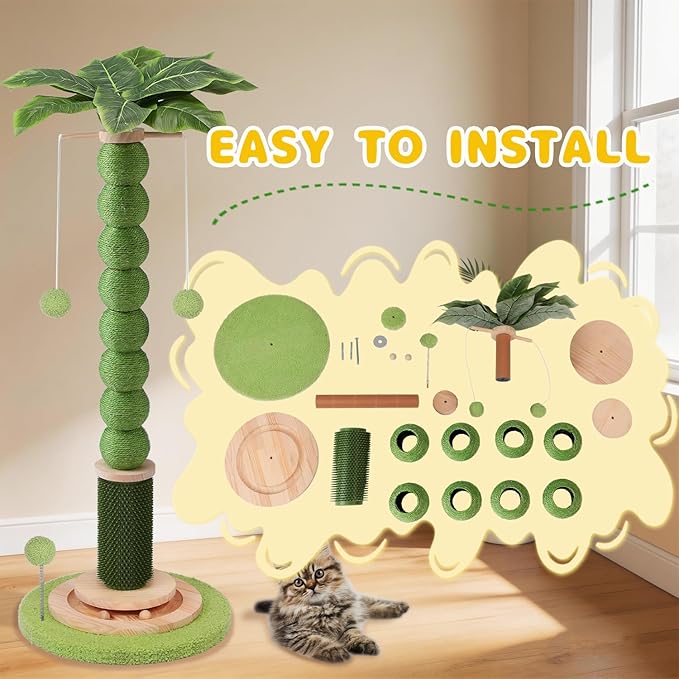 41'' Tall Cat Scratching Post,3.8'' Diameter Sisal Rope Scratcher Ball with Wood Interactive Ball Toy for Indoor Large Cats,Scratcher with 360° Rotating Hanging Ball,Self Groomer Brush for All Cats
