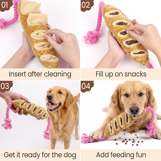 Baguette Dog Snuffle Toy, Interactive Crinkle Plush Chew Toys with Rope for Large Medium Small Dogs, Hide and Seek Treat Dispensing Puzzle for Puppy Boredom Relief, Brain Stimulation Foraging
