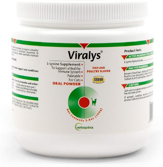 Vetoquinol Viralys Daily L-Lysine Powder for Cats and Kittens, Fish Flavored Lysine Supplement for Cats and Kittens to Support Immune Health, Normal Eye Function and Respiratory Health, 100gm
