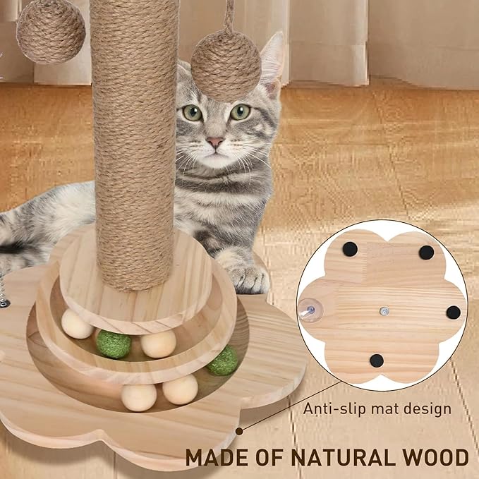 Cat Scratching Post, Interactive Feather Toy and 2 Sisal Hanging Balls for Indoor Kittens, Adult Cats- 18'' Height, 11'' Base, Natural Sisal Fiber & Sturdy Design.