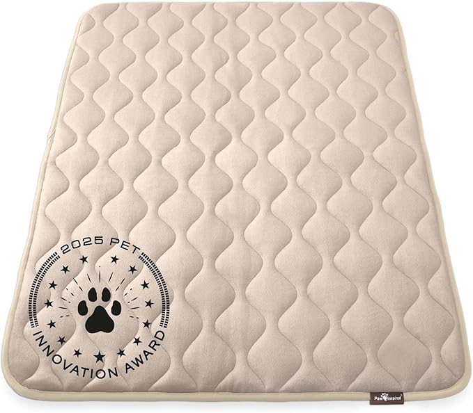 Paw Inspired Washable Padded Crate Mats for Dogs | 47” x 29” Pad, Fits 48-inch Kennels | Leakproof, Waterproof Bottom, Plush Pet Beds (Tan)