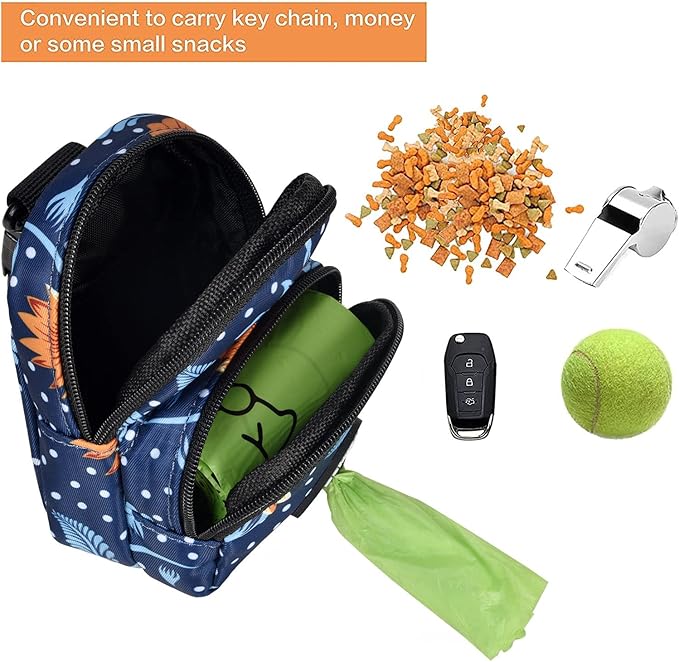 Petmolico Dog Poop Bag Holder Treat Pouch for Dog Leash, Dog Waste Bag Dispenser Treats Storage Holder Training Pouch with Clip, Blue Dots & Flower
