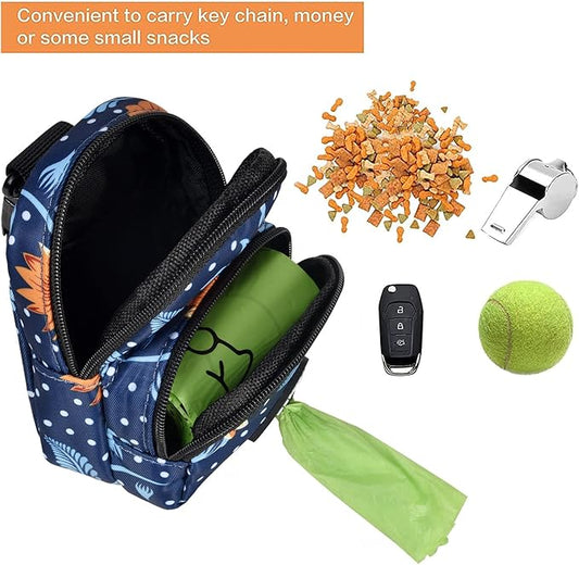 Petmolico Dog Poop Bag Holder Treat Pouch for Dog Leash, Dog Waste Bag Dispenser Treats Storage Holder Training Pouch with Clip, Blue Dots & Flower