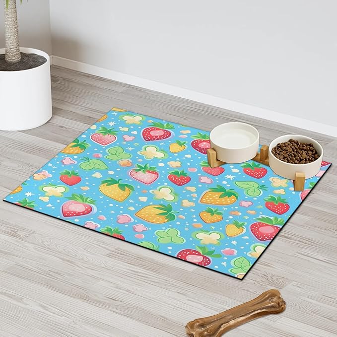 Strawberry Dog Food Mat for Floors Absorbent Dog Bowl Mat for Food and Water Dispenser Quick Dry Cat Food Placemat Pet Supplies 24" x 32", Cute Fruit