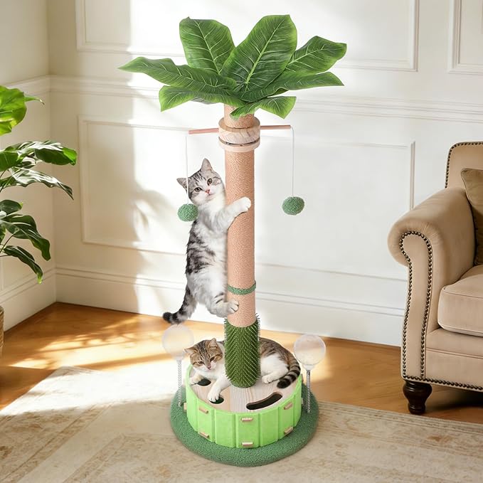 40" Tall Cat Scratching Post, Scratching Posts for Indoor Cats Adults and Kittens with Rotating Hanging Ball, Interactive Cat Puzzle Toy and Spring Cat Treat Dispenser, Palm Tree Scratch Post for Cats