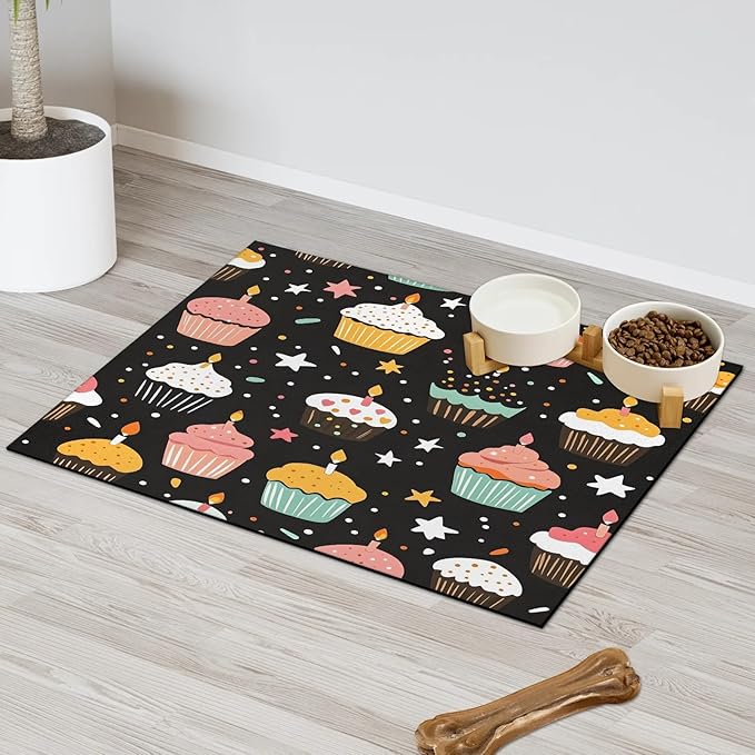 Birthday Cake Dog Food Mat for Floors Absorbent Dog Bowl Mat for Food and Water Dispenser Quick Dry Cat Food Placemat Pet Supplies 12" x 20", Starry Star