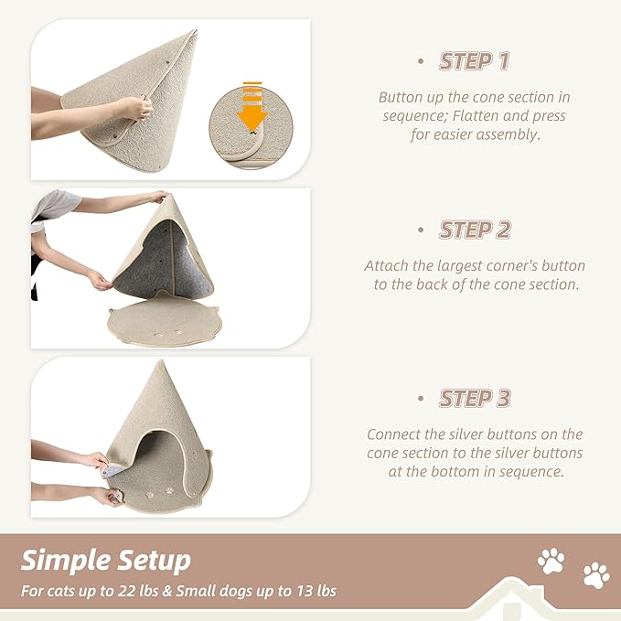 BEQHAUSE Cat Beds for Indoor Cats, Cat Cave Bed with Non-Slip Bottom, Anti-Scratch Cat House Cat Tent for Kittens and Small Dogs, Foldable Kitten Hideaway Machine Washable,22.8 * 22.8 * 20.8in, Beige