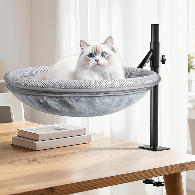 Cat Desk Bed, 360° Rotating Height-Adjustable Cat Hammock Desk, Home Office Pet Bed with Removable Washable Double-Sided Faux Rabbit Fur Mesh Pet Nest Bed