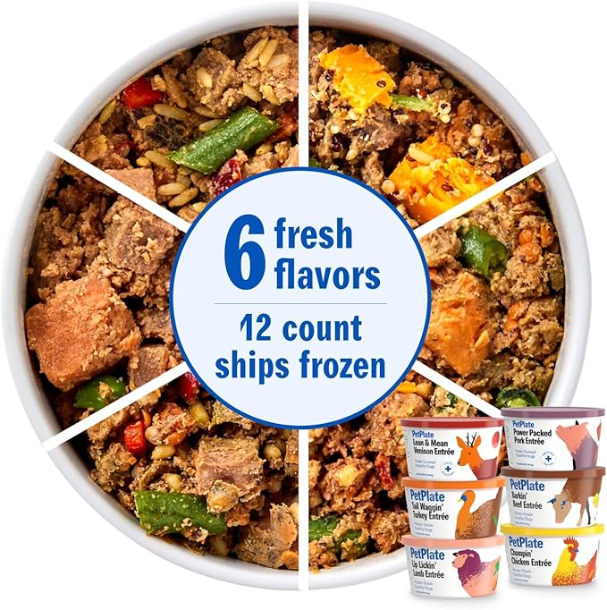 PetPlate Human-Grade Fresh Dog Food Variety Pack – 6 Proteins (Beef, Chicken, Lamb, Pork, Turkey & Venison) – Wet Dog Food for All Breeds – High-Protein, Natural – 12-oz Cups, Case of 12