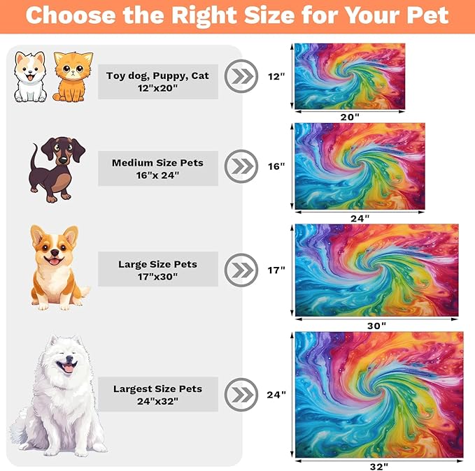 Tie Dye Dog Food Mat for Floors Absorbent, Quick Dry Water Dispenser Mat for Food, Water, Pet Supplies 12" x 20", Boho Colorful