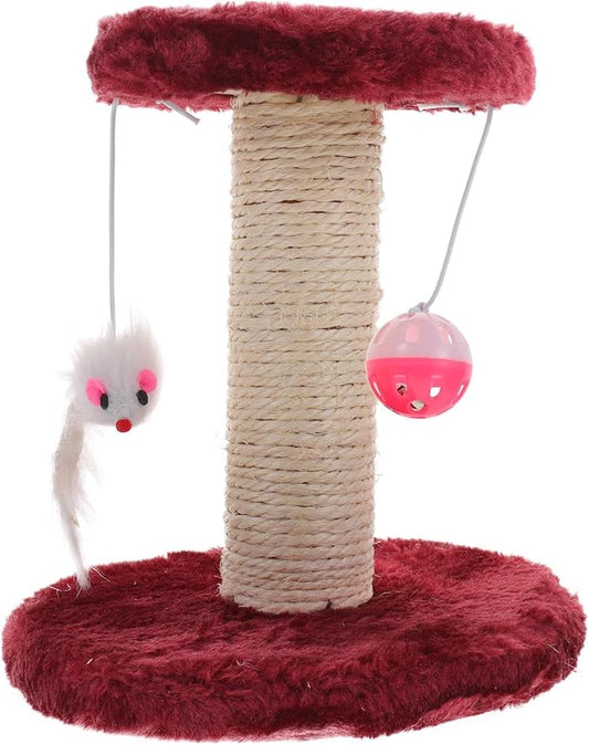 Luxshiny Double-Layer Indoor Cat Scratching Post with Plush Hanging Balls and Sisal Scratching Pillar Vertical Reusable Cat Activity Tower Burgundy Color Random Color
