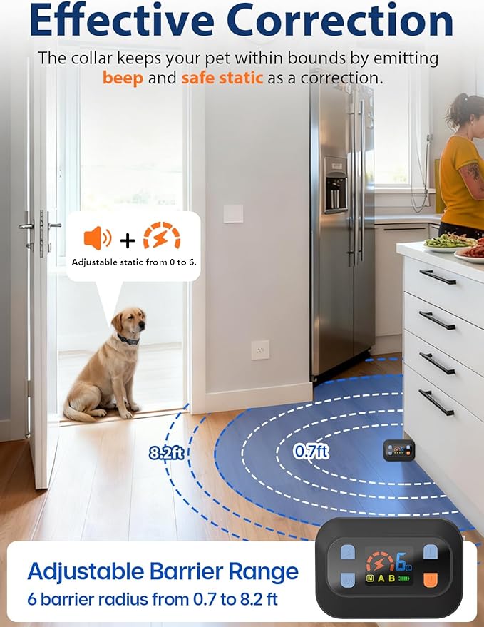 MIMOFPET Wireless Pet Barrier - Outdoor Indoor Barrier Waterproof with Adjustable Range up to 16.4 ft,Adjustable Safe Static Intensity, Rechargeable Color Display Electric Barrier System for Dogs